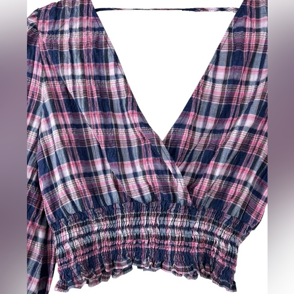 Zara wrapped checkered cropped shirt, XS, ballon sleeves, V-neck, V-Back Smocked - Picture 5 of 12